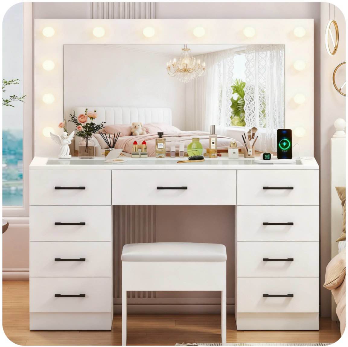 ktaxon large makeup vanity, get ready with me grwm vanity table set w/ visible glass top w/ charging station, white