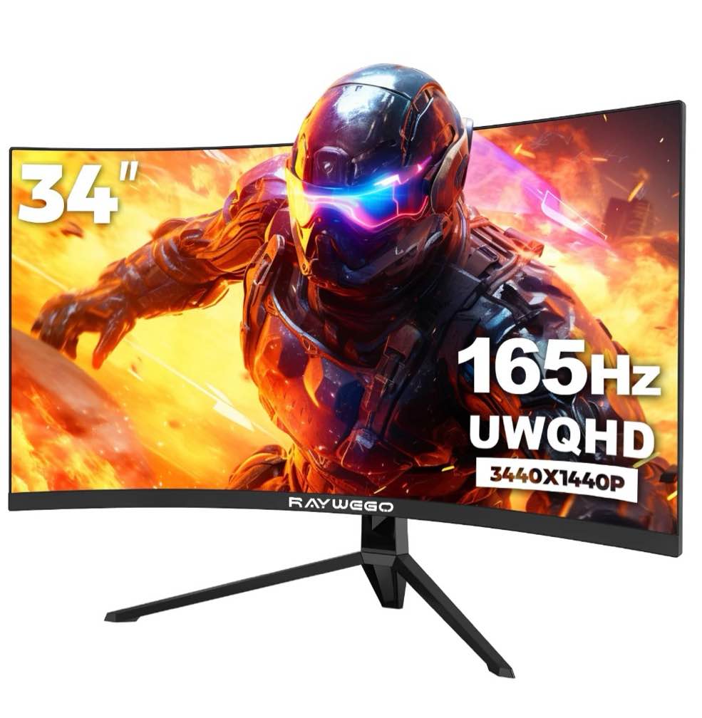 Raywego 34'' Ultrawide Curved Computer Gaming Monitor 165Hz, WQHD 3440x1440, 1500R-PIP, 1ms, SRGB99%, HDMI 2.0 x2, DP 1.4 x2, Black