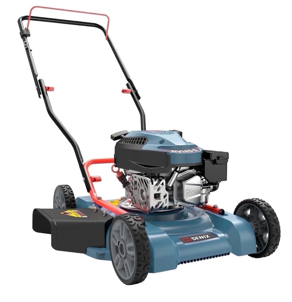 senix gas lawn mower, 18in cutting blade / 19in cutting deck, 144cc 4-cycle engine push mower with side discharge