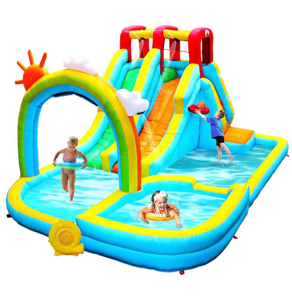 wellfuntime inflatable water park with double slides, blower, bounce house with large splash pool