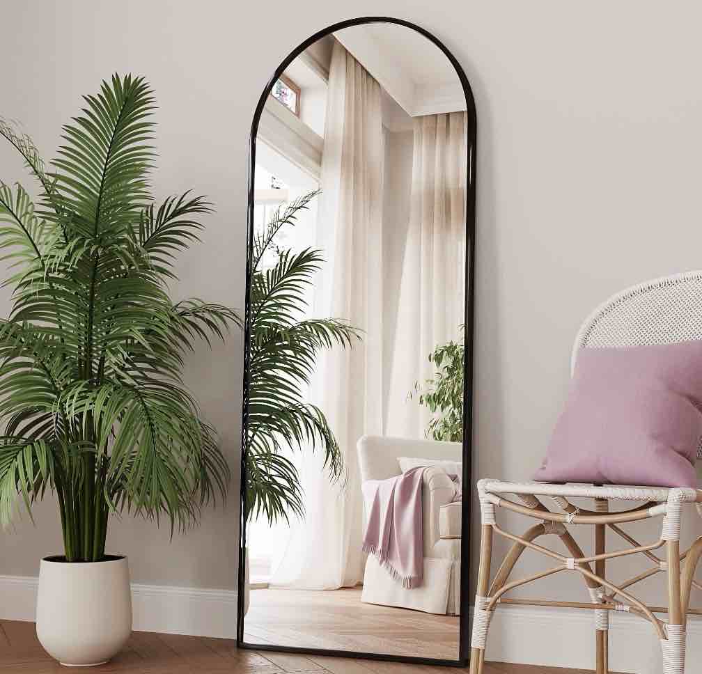 antok 71x26" arched full length floor mirror with stand, aluminum frame, black