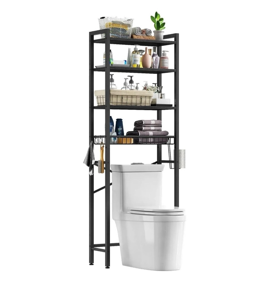 biemlerfn over the toilet storage shelf, 4-tier wooden bathroom organizer adjustable saver space rack with toilet paper holder, classic black
