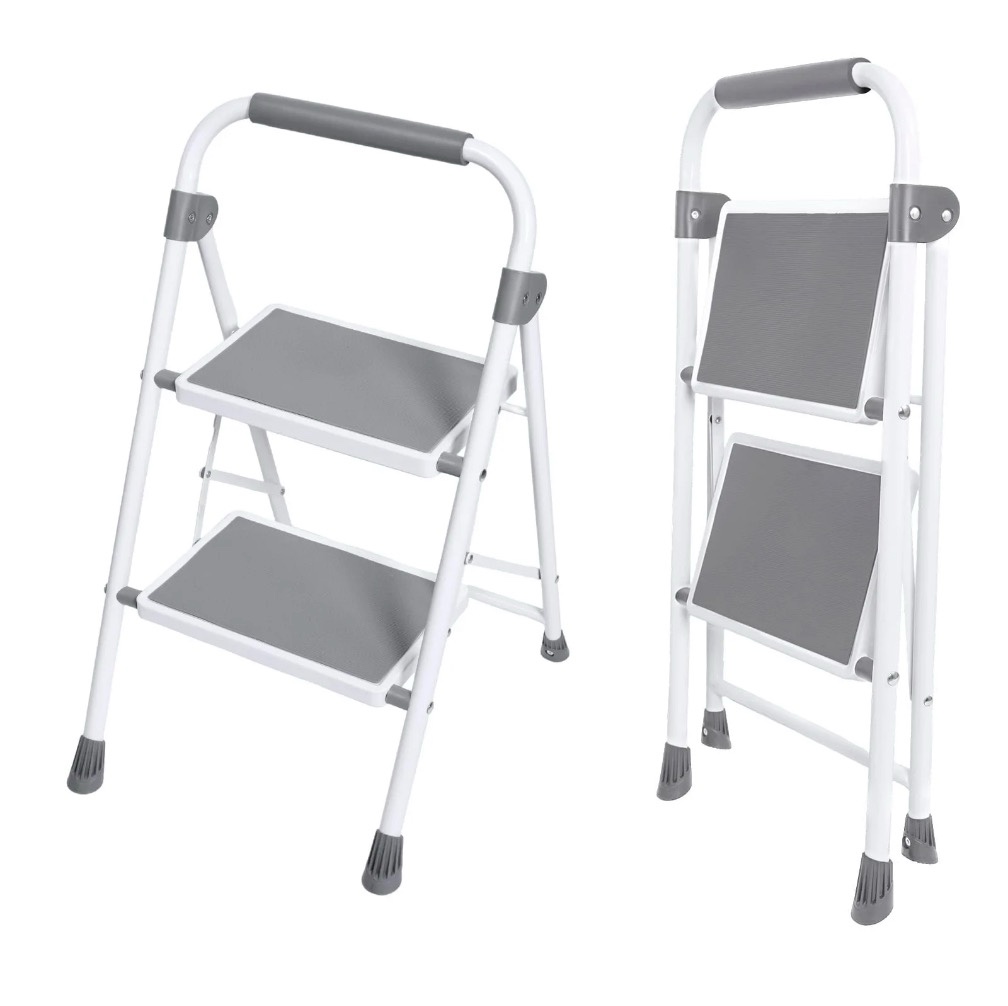 concetta 28 inch iron stepstool, 2 folding stepstool with non-slip pedals and comfortable handrails, sturdy steel ladder portable heavy duty stepstool for kitchen, garage and outdoor use, gray