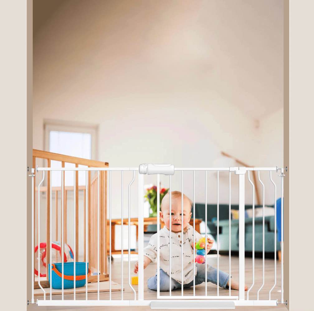 furdear 48-56" extra wide baby safety gate with wall protectors walk thru white metal gate