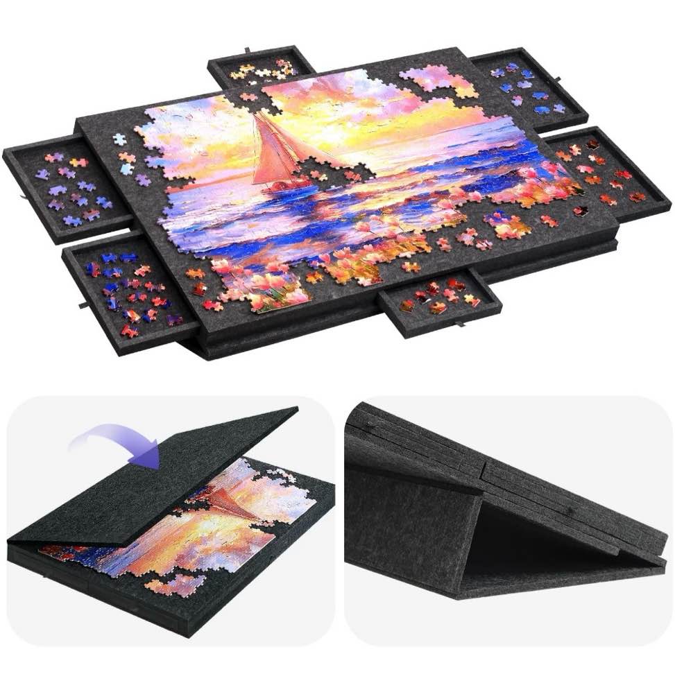 ayieyill 1500 piece rotating puzzle board with drawers and cover,26"x36"portable felt jigsaw puzzle table for adults portable,lazy susan spinning puzzle boards birthday gift for mom