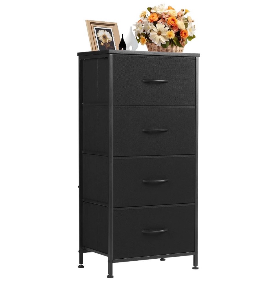 concetta 4 drawer dresser, wide chest drawers nightstand storage tower storage fabric dresser with wood top for living room, bedroom, closet, black