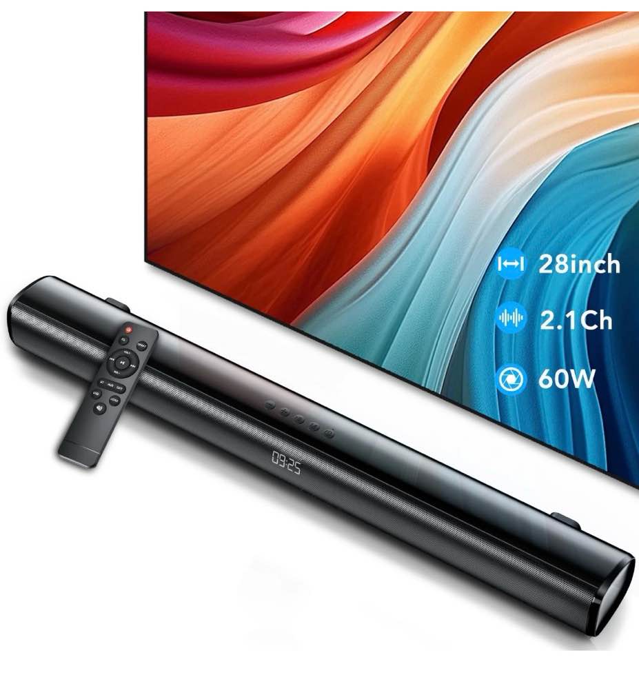 sound bar for tv, 60w soundbar tv speakers, 2.1 ch home theater with subwoofer boost, 3 equalizer modes, soundbar for tv/pc/gaming/projectors, bluetooth, opt, cox, usb & aux wall mountable