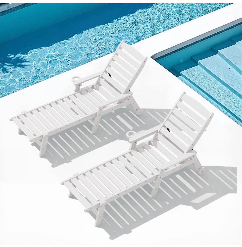 serwall patio chaise lounge chair set of 2, 78'' long 5-positions adjustable hdpe outdoor lounge chair white