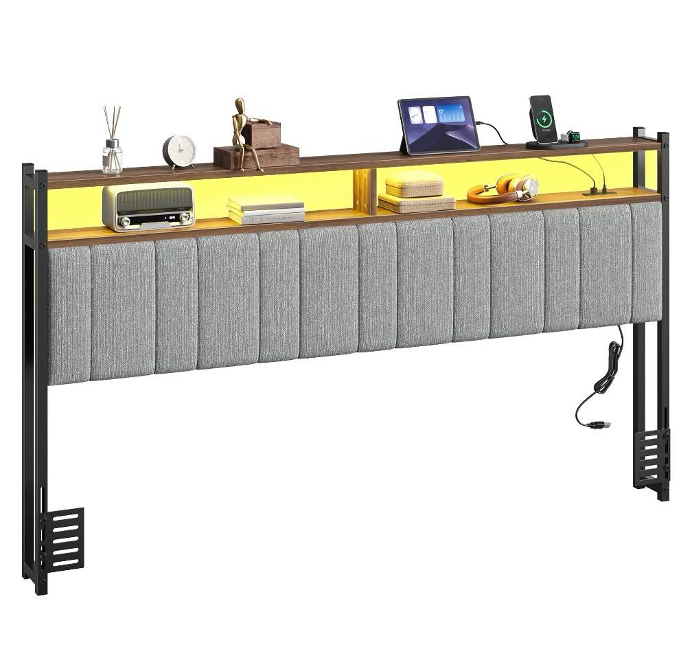 pinmoco headboard for king size bed with storage, linen upholstered head board with led light and charging station, gray, headboard only(bed frame not included)