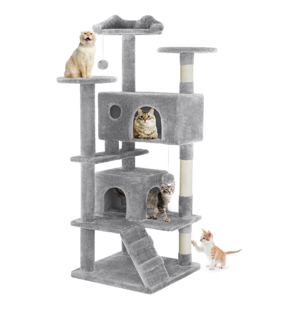edx 54" cat tree tower for indoor cats, multi-level pet furniture with sisal scratching post, large condo, climbing ladder, kitten toy, light gray