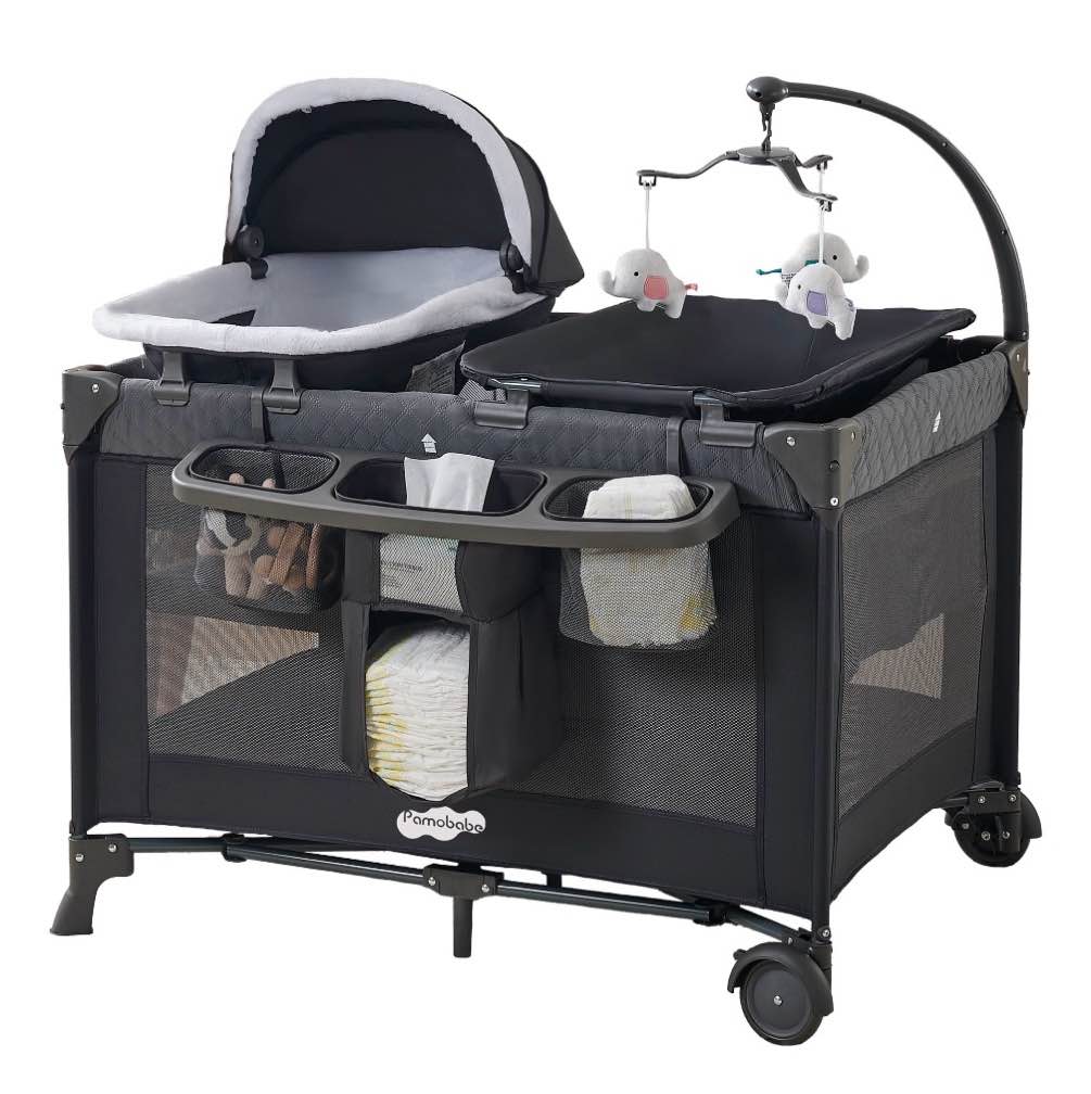 pamo babe 4-in-1 baby playard with bassinet & changing table for newborn,grey