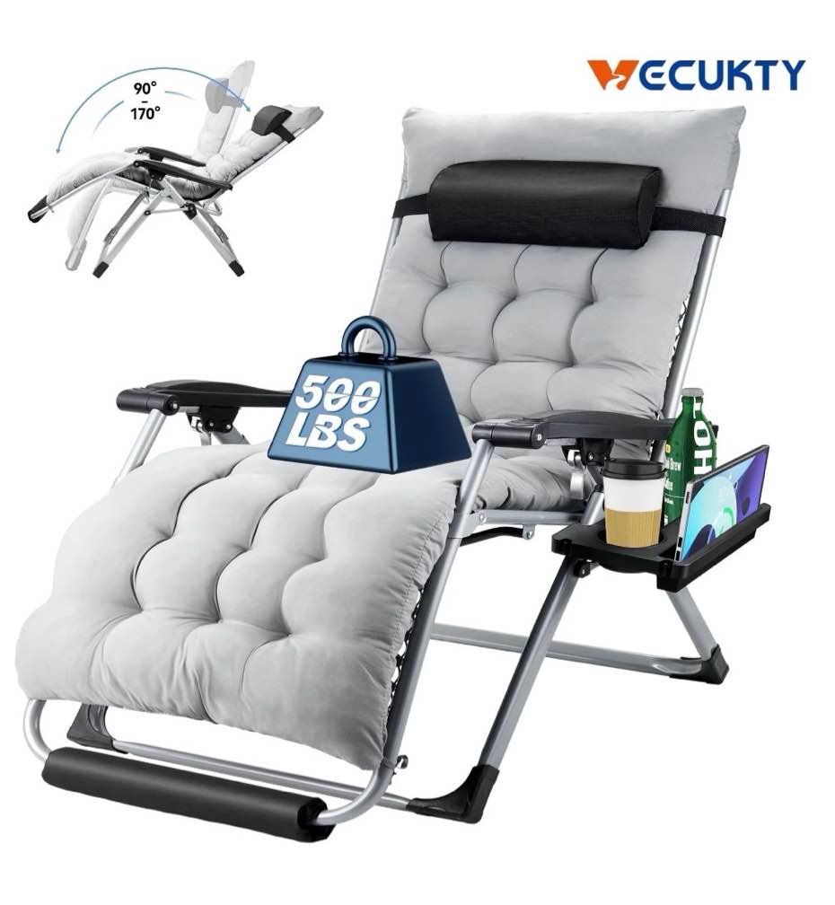 vecukty xl oversize zero gravity chair - 500lb capacity, 29-inch wide padded seat, folding travel recliner for outdoor / indoor use - patio, lawn,grey,portable and heavy duty