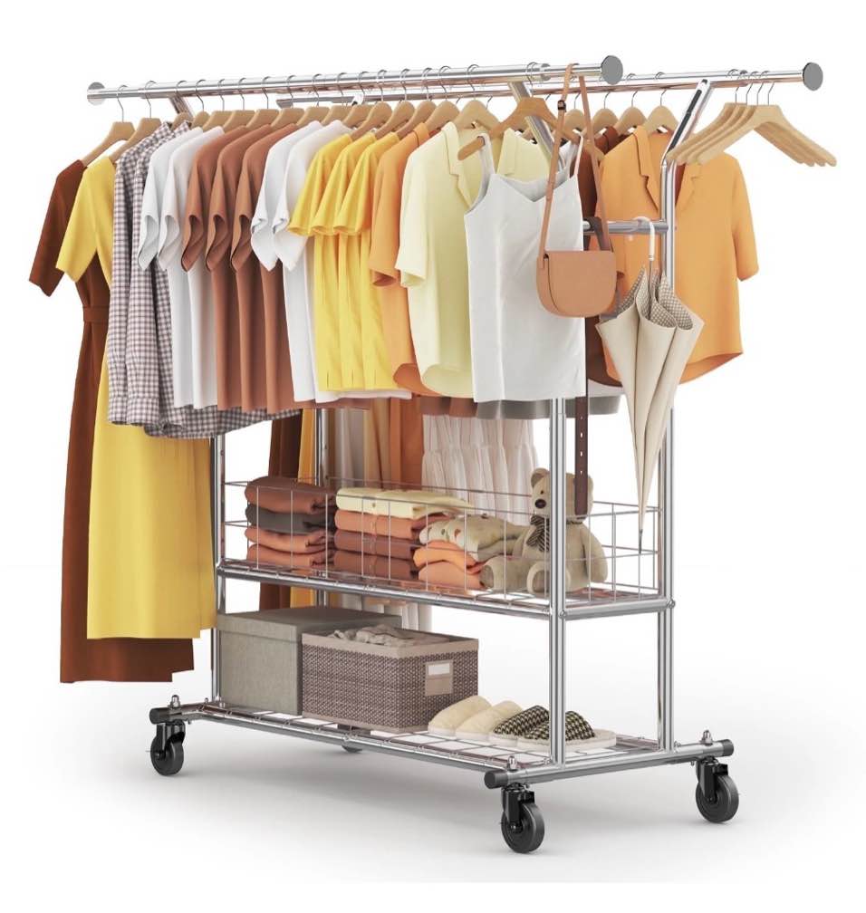 hokeeper 670lbs heavy duty double clothing garment rack with shelves and metal basket clothing racks on wheels rolling clothes rack for hanging clothes commercial grade