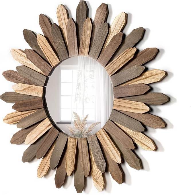21 inch Boho Wall Mirror Rustic Wood Decorative Mirror for Room Decor Rustic Home Decor Farmhouse Wall Decor at Living Room Bedroom Bathroom Hallway Trilcolor