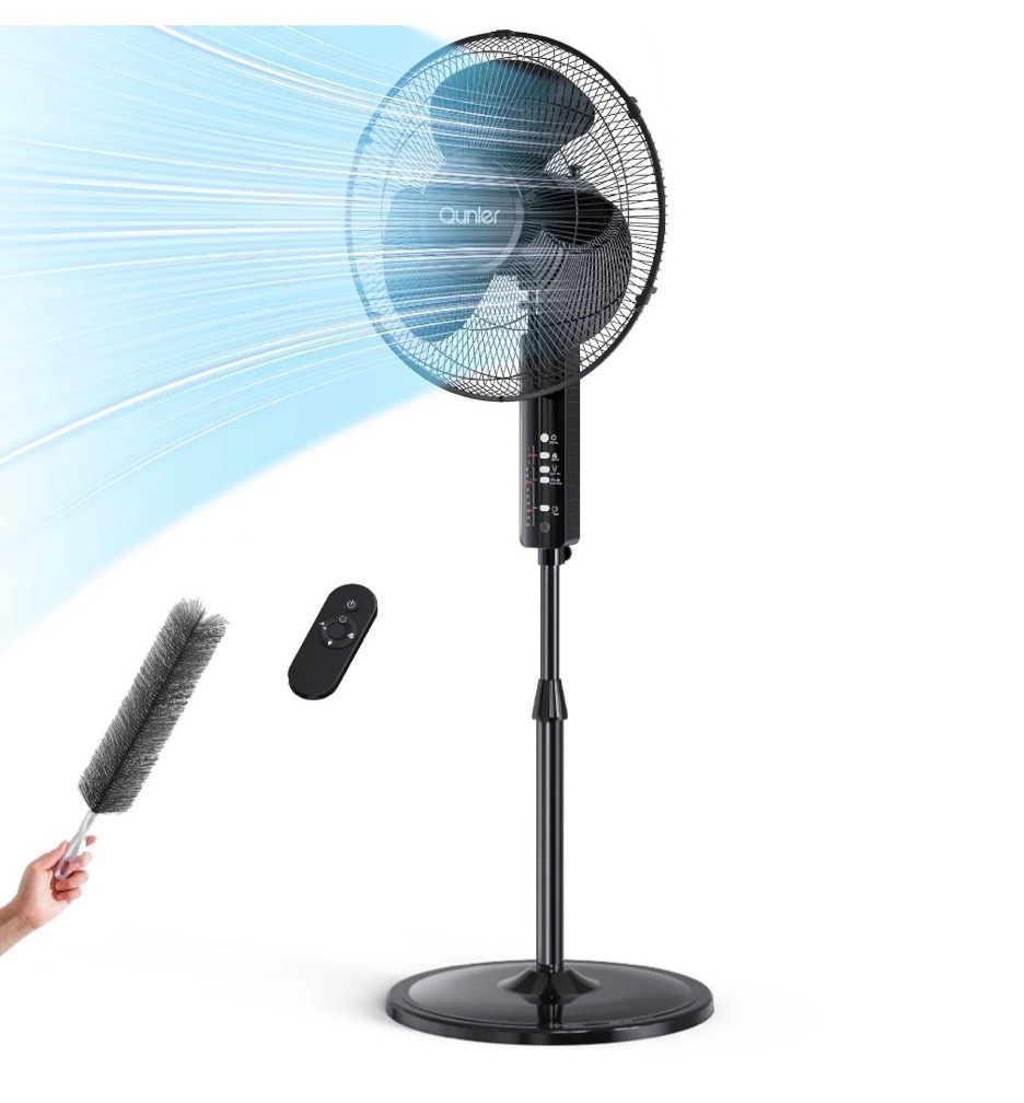 qunler 16'' pedestal oscillating fan with remote control, stand up fan adjustable height, 3-speed, electric cooling fans for bedroom home office use