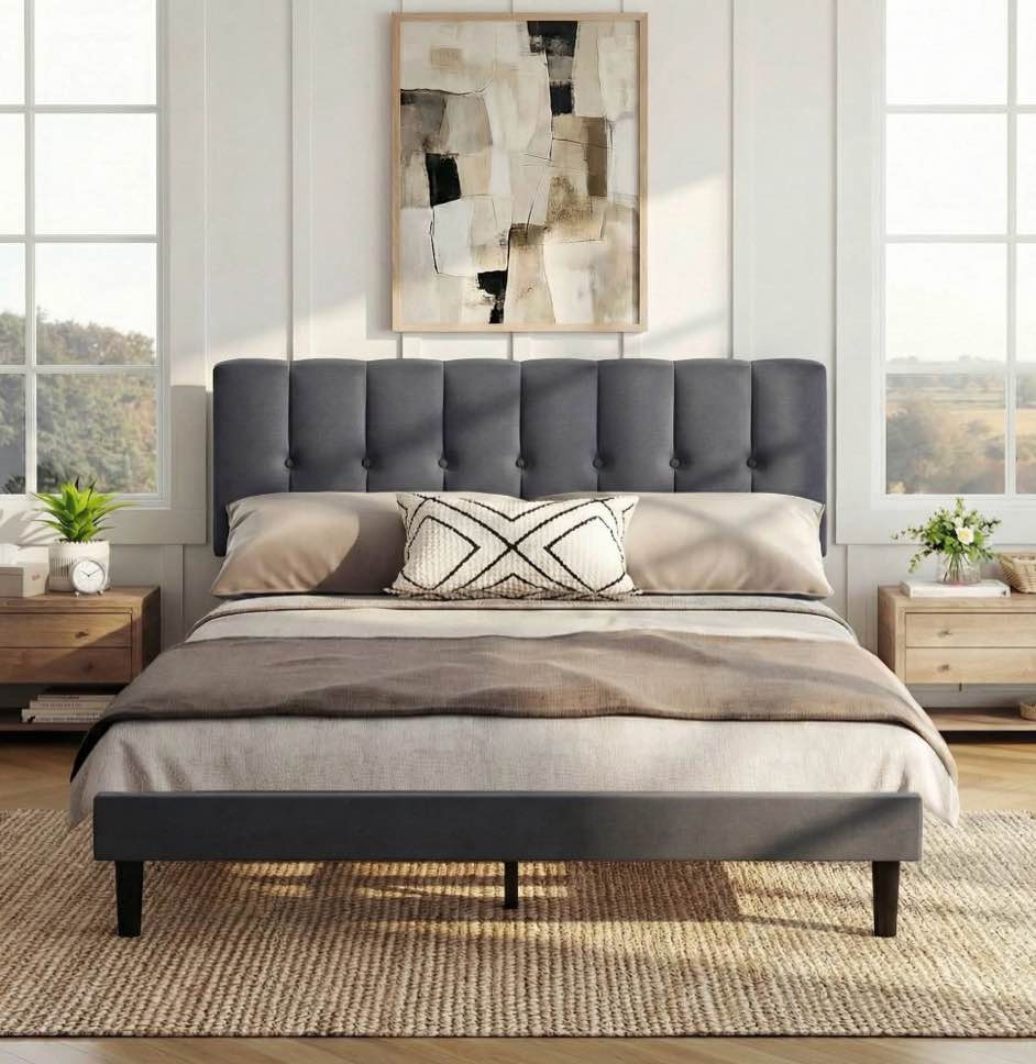 EDX Queen Size Platform Bed Frame, Fully Upholstered Mattress Foundationwith Fabric Upholstered Headboard and Wooden Slats Support, No Box Spring Needed, Grey