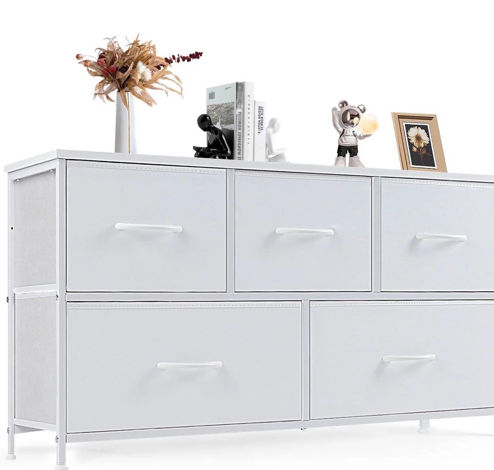 CONCETTA Dresser 5 Fabric Storage Drawer Dresser, TV Stand, Chest of Drawers for Bedroom, Closet, Entryway, Living Room, White