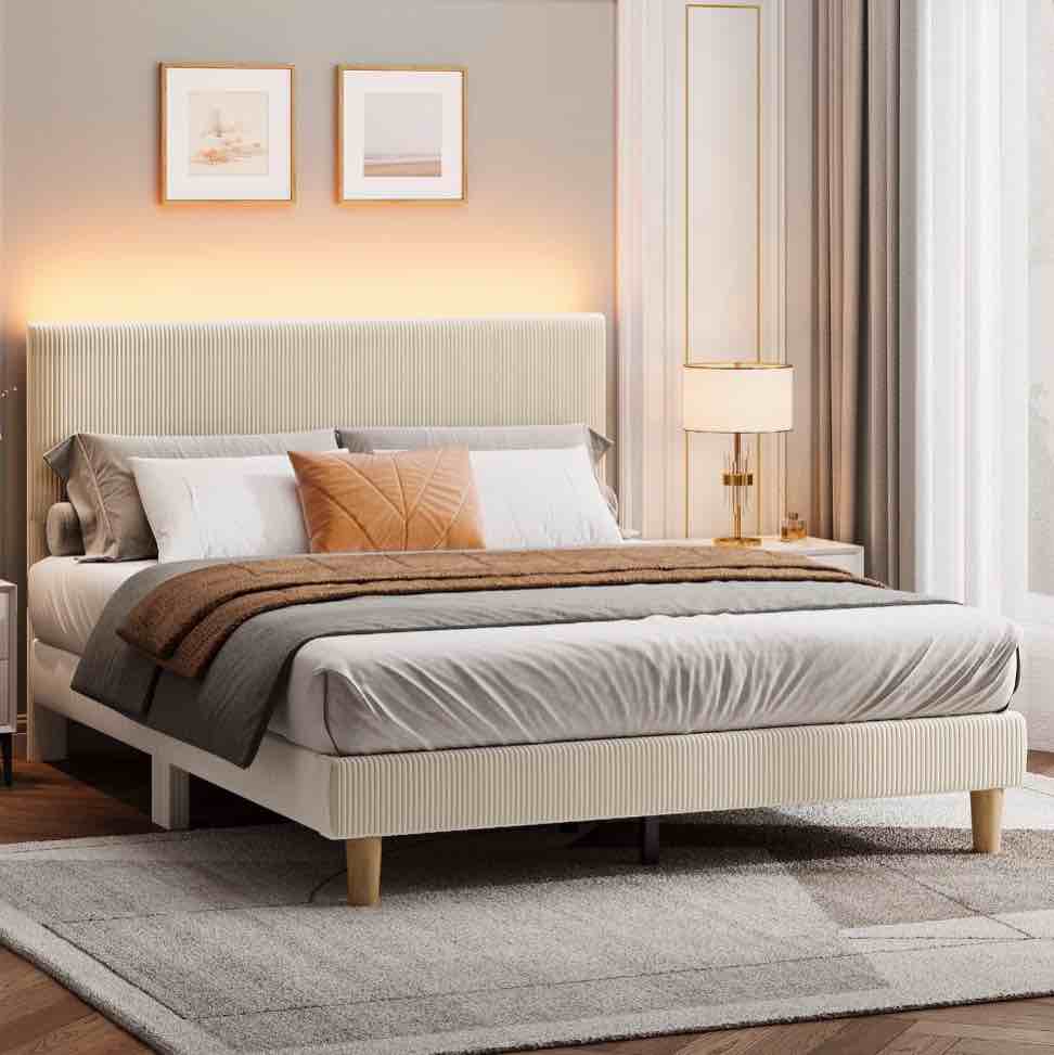 Bestier Corduroy Upholstered Queen Bed Frame with Adjustable Headboard, Platform Bed Frame with LED Light, Solid Wood Slats, No Box Spring Needed, Off White