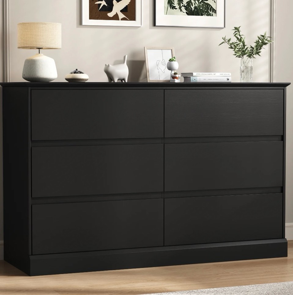 Black Dresser 6 Drawer Dresser Chests of Drawers Wood Storage Side Large Cabinet for Bedroom Closet Living Room
