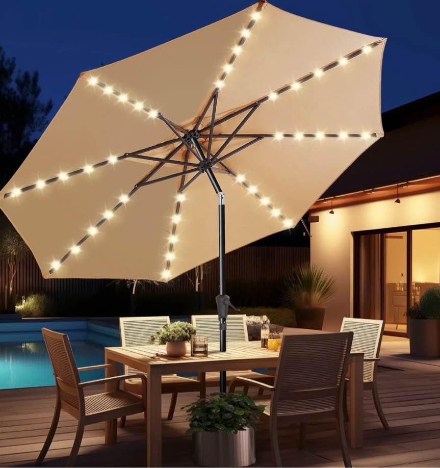 10ft Solar Polyester 32 LED Lighted Patio Umbrella with Tilt Adjustment and UV-Resistant Fabric,for Garden,Deck,Backyard,Pool and Beach