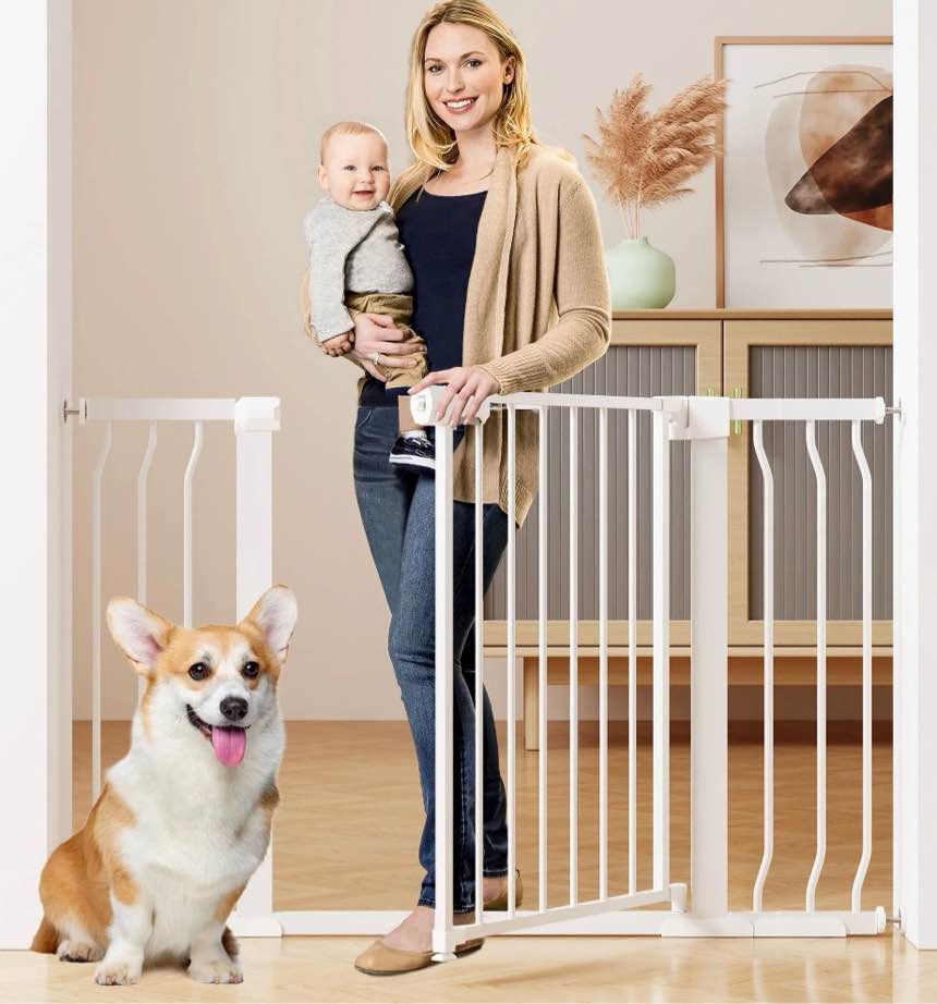 Vomeast 36in Extra Tall Baby Safety Gate,29.93- 48.8in Extra Wide Metal Dog Gates for Stair and Doorways,Pressure Mounted,White