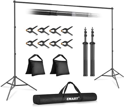 EMART Backdrop Stand 10x7ft(WxH) Photo Studio Adjustable Background Stand Support kit with 2 Crossbars, 8 Clamps, 2 Sandbags and Carry Bag for Parties, Events Decoration, Wedding, Photography