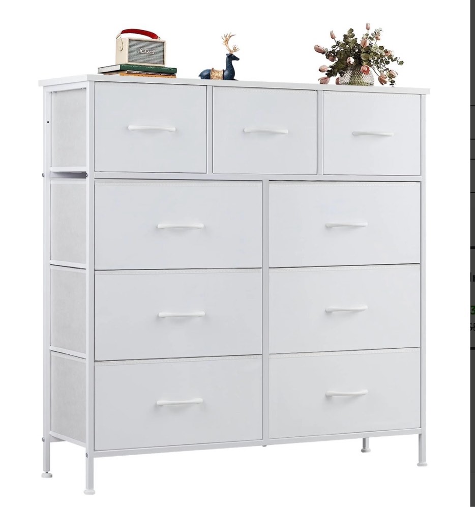 edx fabric storage dresser with 9 drawers, steel frame and wooden top for bedroom, closet and entryway , white
