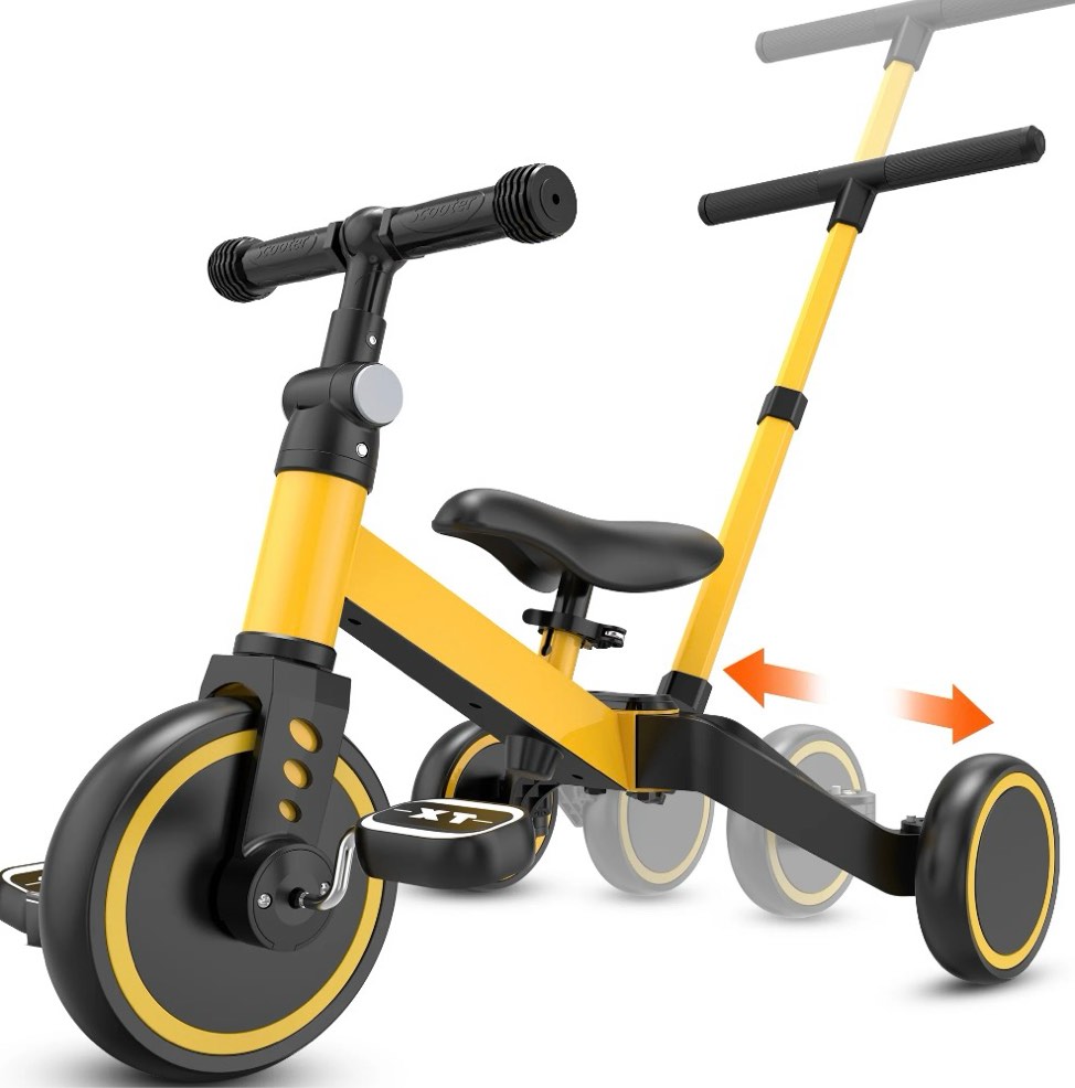 tntants 4 in 1 toddler bike, kids tricycle for 1-5 years old, toddler tricycle for boy girl, baby balance bike with parent steering push handle, removable pedal, adjustable seat yellow