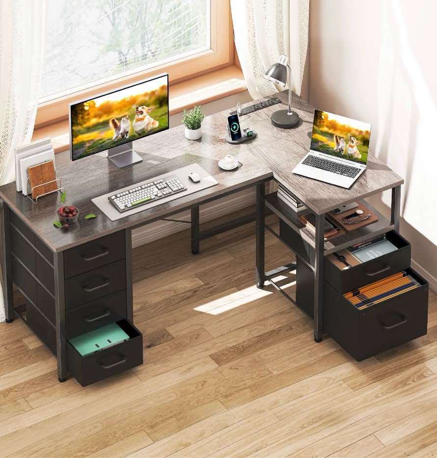 casacomoda 55 inch computer desk with 5 drawers and file cabinet for storage, office desk with storage shelf & power outlets, home office desks, gray oak