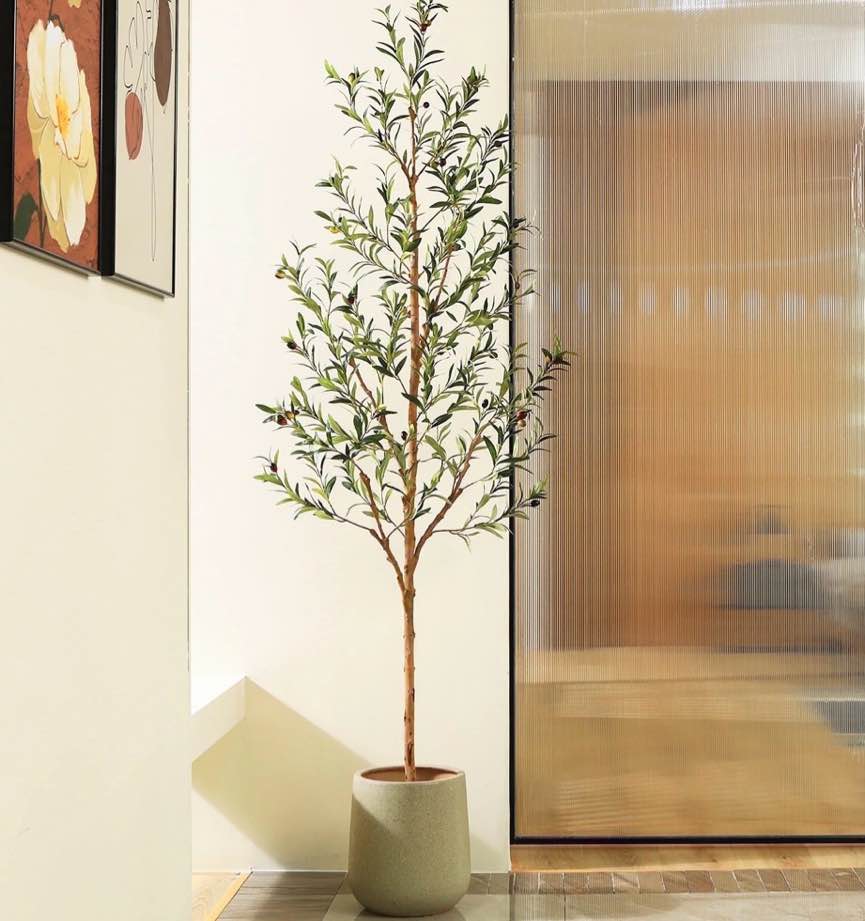 dr.planzen 7ft artificial olive tree indoor, tall faux olive tree, artificial plants with natural wood trunk and lifelike fruits for home office decor