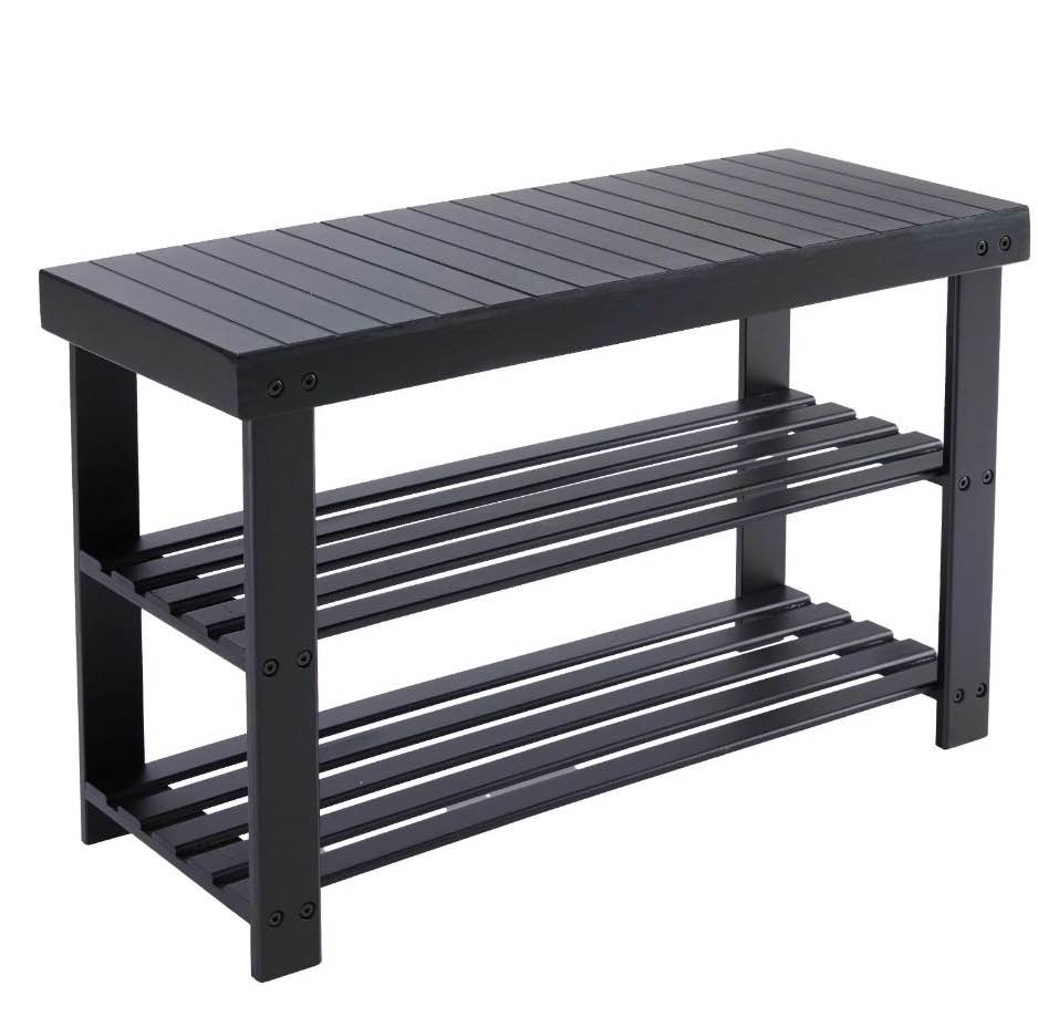 edx 3-tier bamboo shoe rack bench, 11.3 x 27.6 x 17.8 inches compact storage organizer with 286lb capacity for entryway, bedroom and living room, black