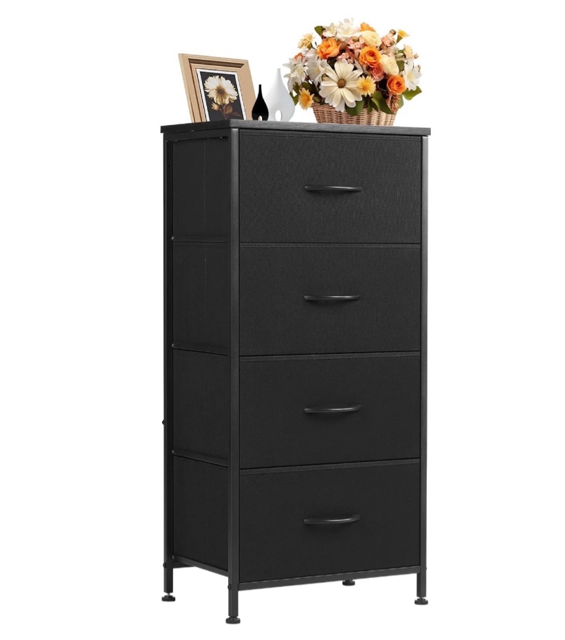 concetta 4 drawer dresser, wide chest drawers nightstand storage tower storage fabric dresser with wood top for living room, bedroom, closet, black