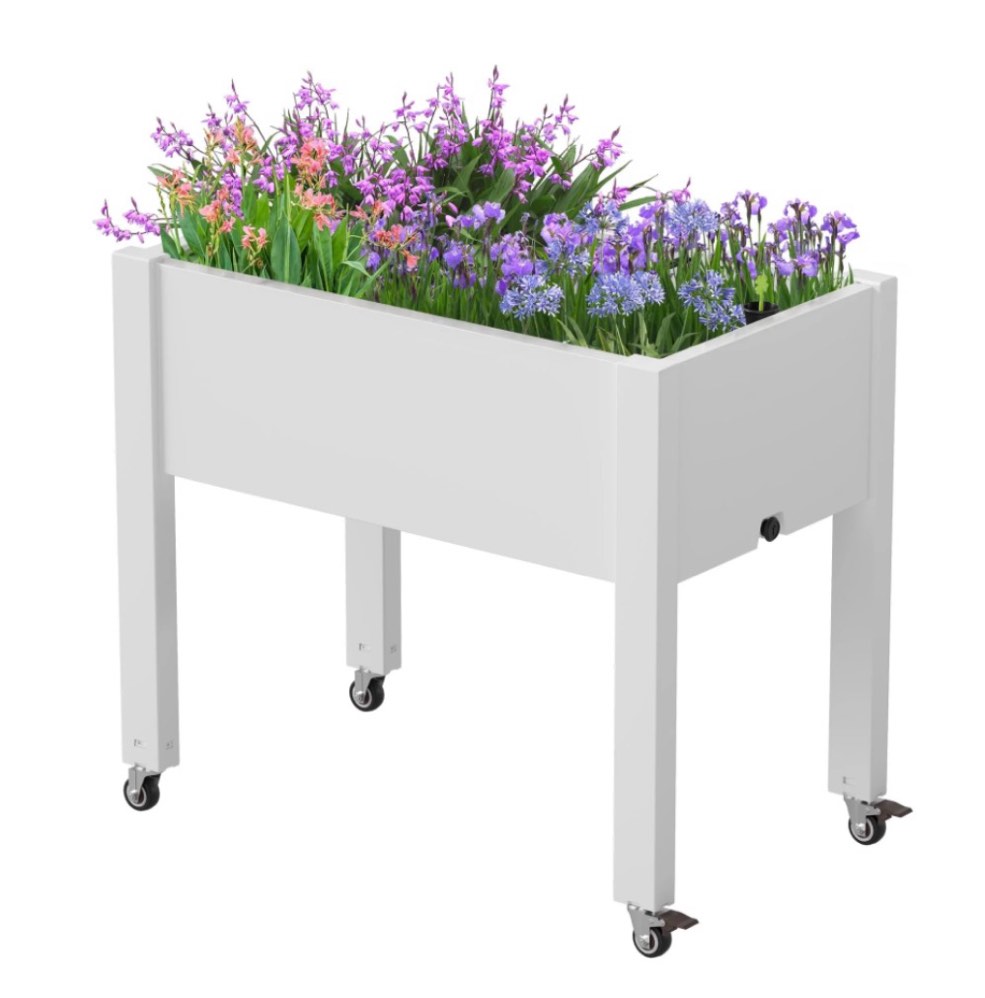 raised garden bed - outdoor elevated planter with weatherproof resin  effective drainage & 4 swivel wheels for backyard  patio and balcony white