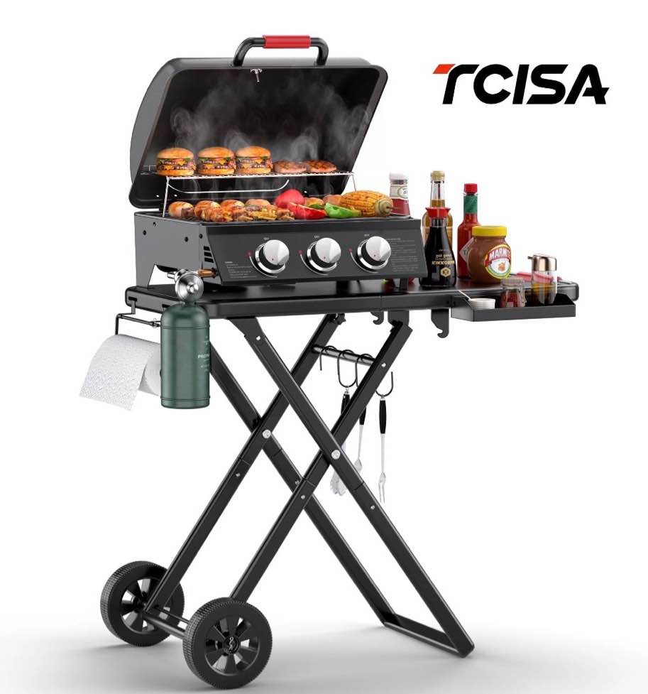 3-burner portable grill with foldable legs, 30,000btu gas grill , 415 sq.in detachable propane grills, non-stick porcelain grate, outdoor bbq grill for camping, tailgating, backyard cooking