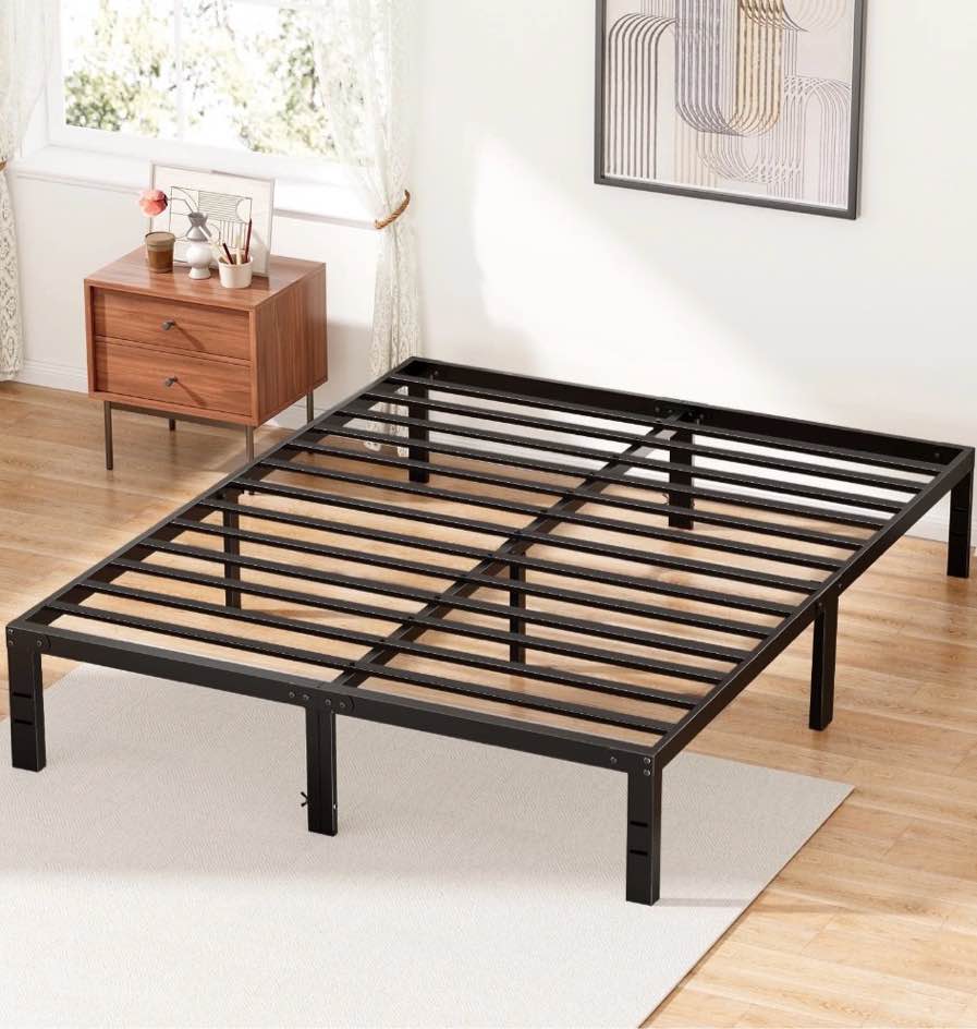edx 14 inches queen bed frame, heavy duty metal platform with storage space under frame, no box spring needed queen size bed frame, black