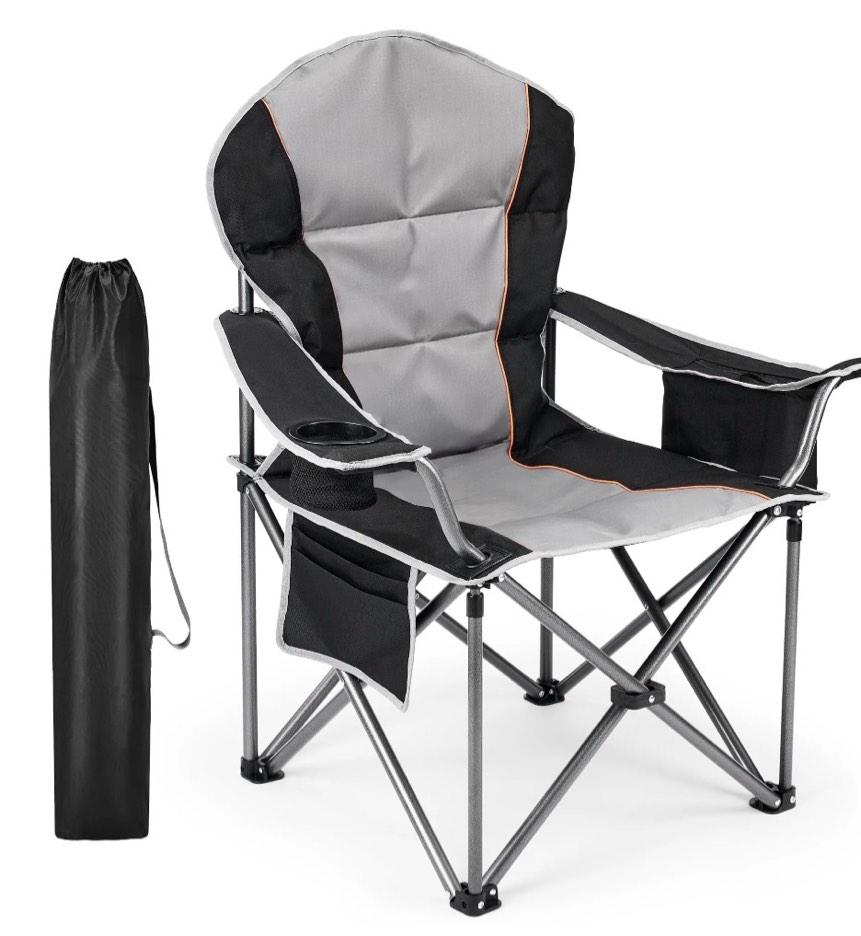edx oversized camping folding chair, heavy duty padded chair with cup holder storage and cooler bag, 500 lbs steel frame, portable for outdoor,black gray