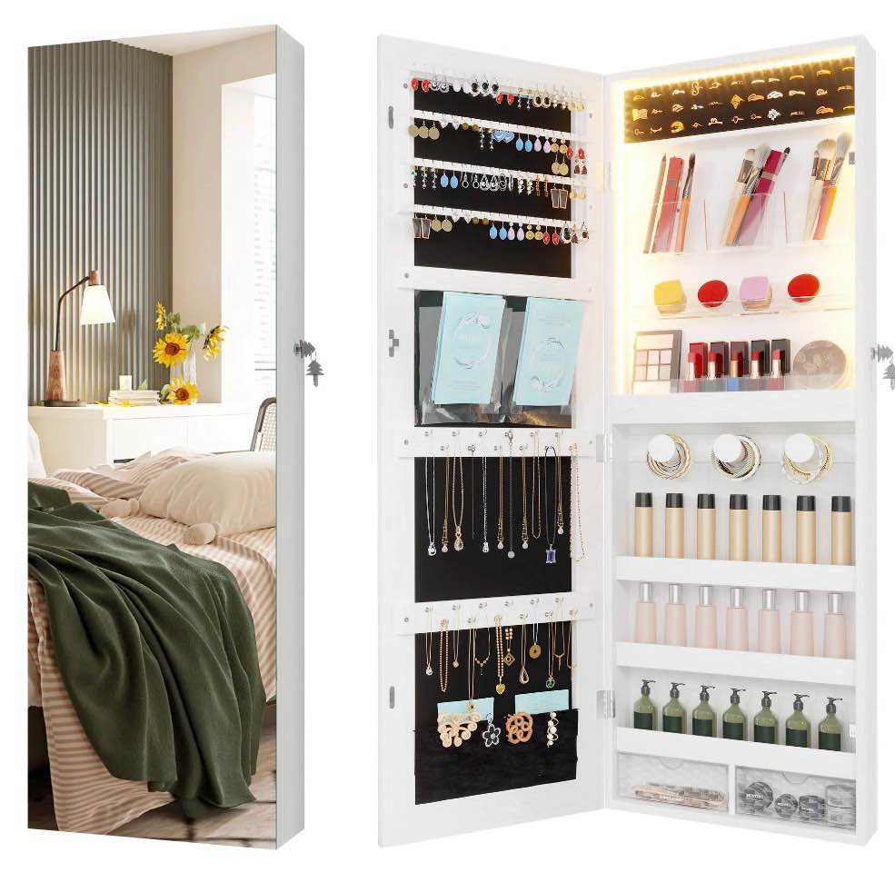 vkcc 42.5" full length mirror jewelry cabinet with led, lockable wall door mounted organizer & storage box for bedroom, white