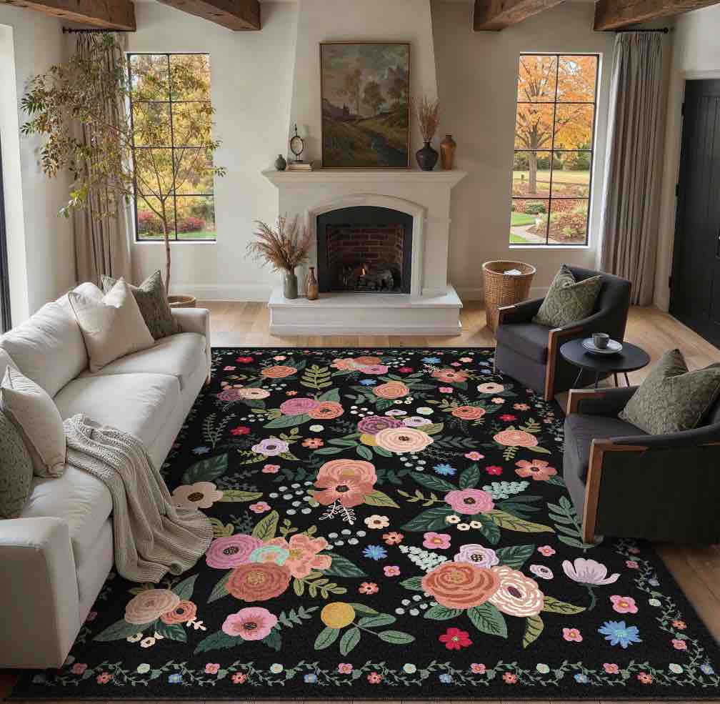 BERTHMEER Large 8 x10  Area Rugs for Living Room Bedroom Office Rugs Vintage Black Floral Carpets Machine Washable Farmhouse Dining Room Oriental Flower Non Slip Rugs  Multicolor