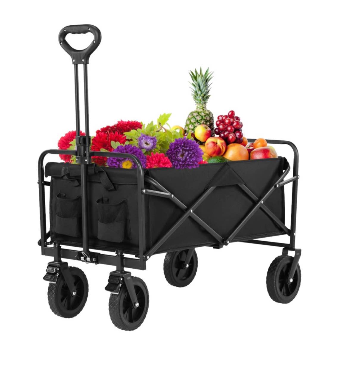 UPGO Collapsible Foldable Wagon with 330lbs Weight Capacity  Heavy Duty Folding Utility Garden Cart with Big All-Terrain Beach Wheels & Drink Holders.Black