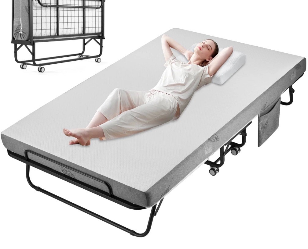 75" x 38" Rollaway Folding Bed with 5" Memory Foam Mattress, Twin-Size Guest Bed for Adults