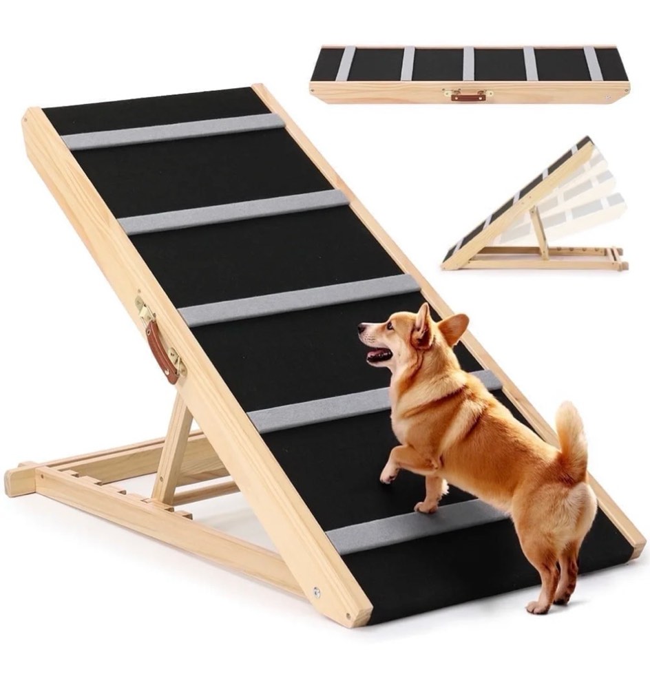 domipet 17" extra wide dog ramp for couch bed car, adjustable height wooden pet ramp for dogs cats, stable foldable pet steps (supports up to 200lbs)