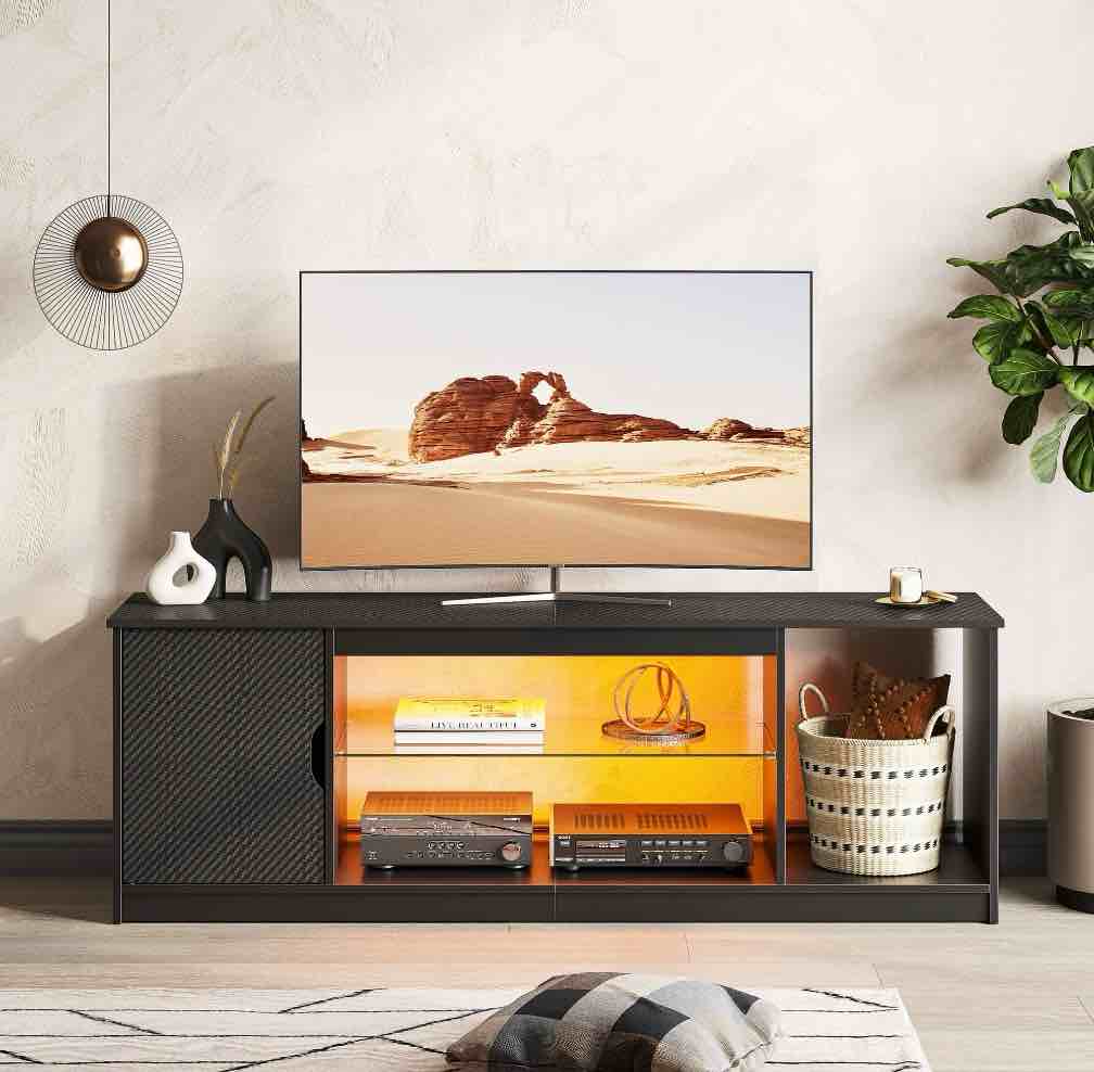 bestier led tv stand for tvs up to 65 inch tv gaming entertainment center modern tv console, carbon fiber 55 inch