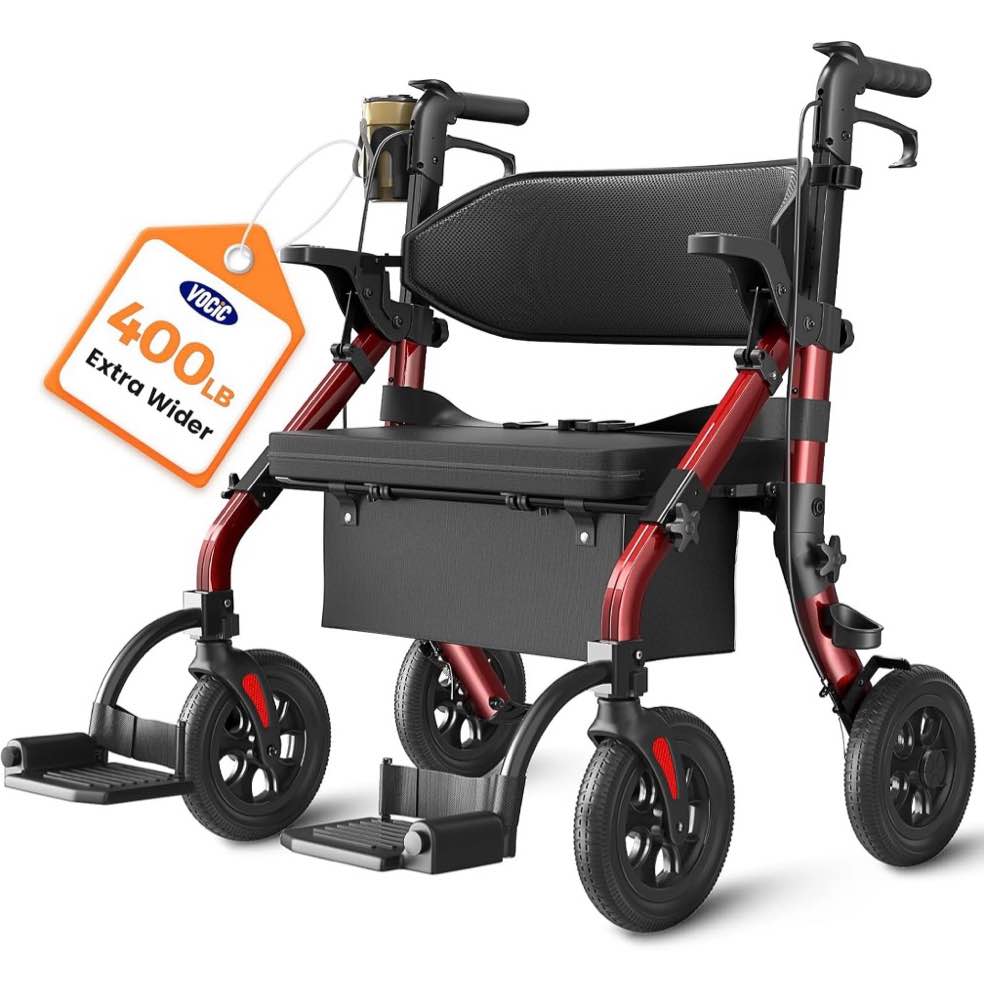 Z59 2-in-1 Bariatric Rollator, 400lb Extra-Wide Seat & 10" All-Terrain Wheels, Senior Mobility Combo-Red