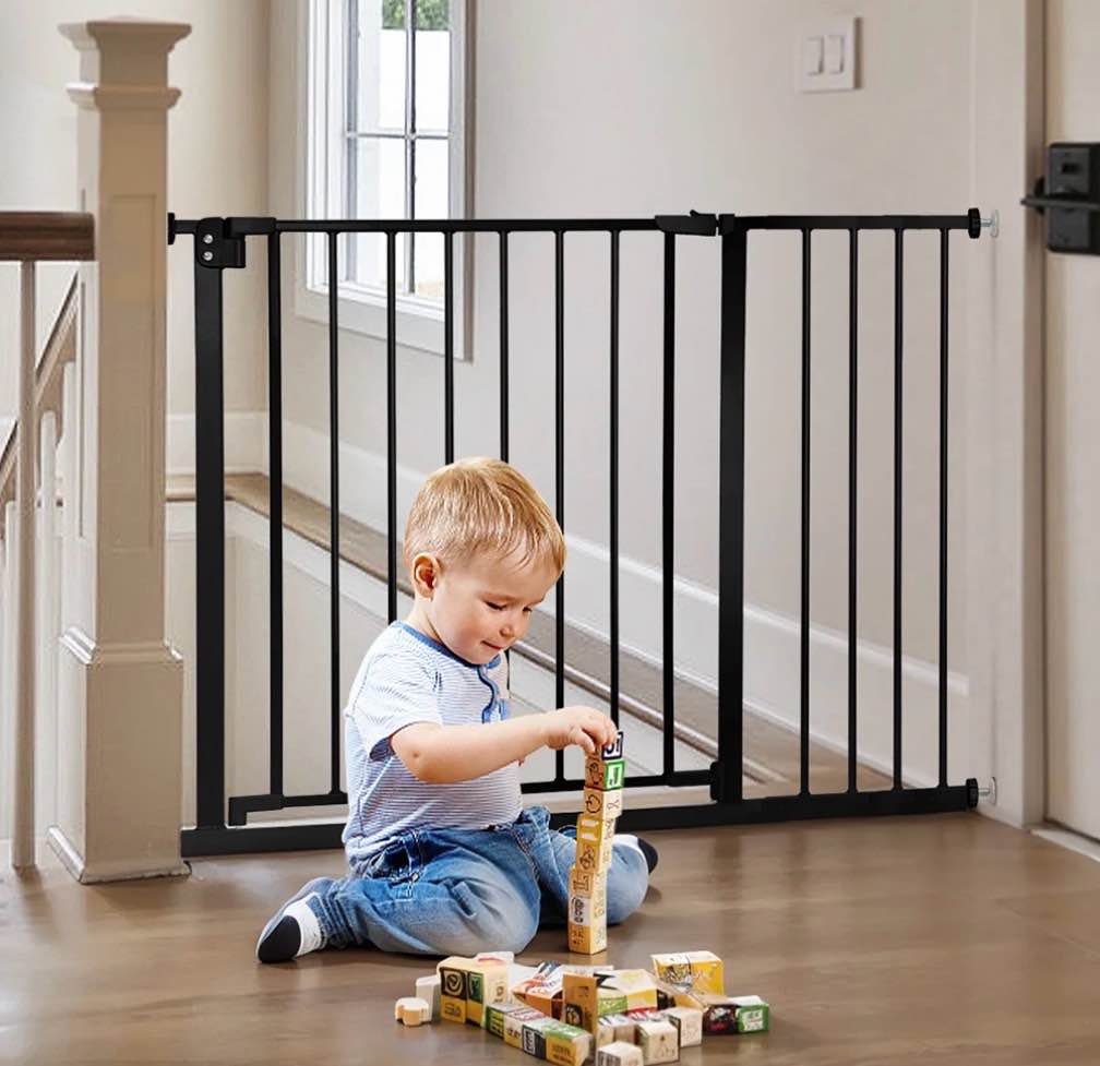 29.5"-43.3" caveen extra wide safety baby gate for stairs doorways, top of stairs, black