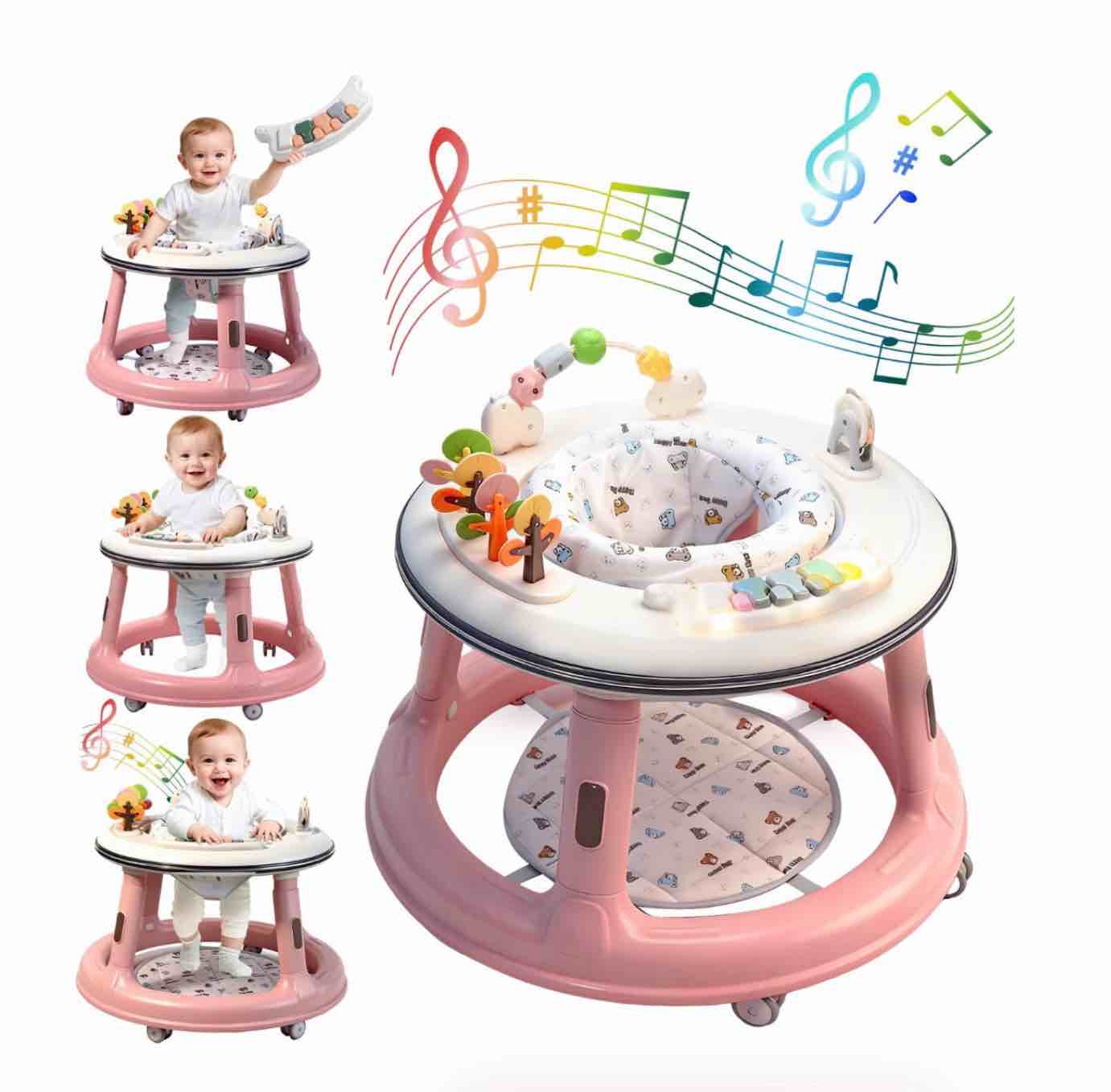 wonderstone 3 in 1 baby walker, push walker with 360° swivel seat, music & light toys, baby bouncer, baby activity center for boy girl 6-18 months (pink)