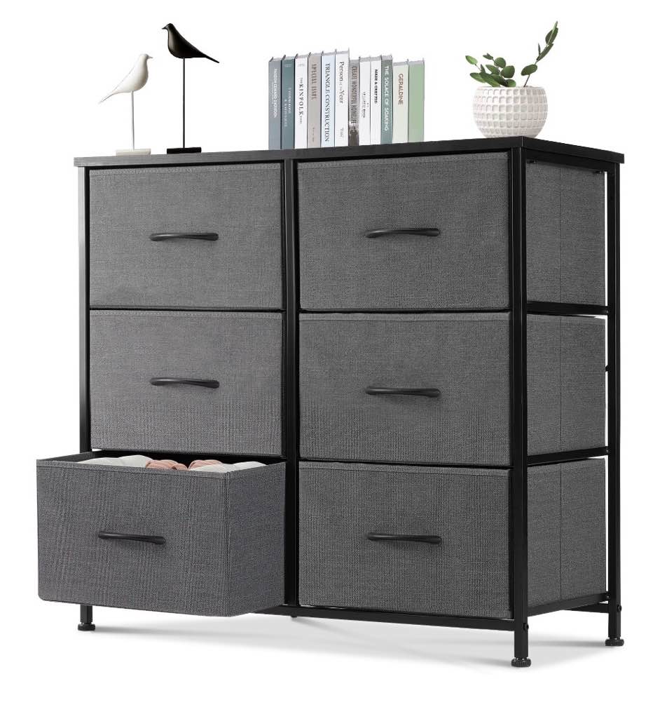 edx 6 drawer dresser, wide chest of drawers nightstand storage tower storage fabric dresser with wood top for living room, bedroom, hallway,grey