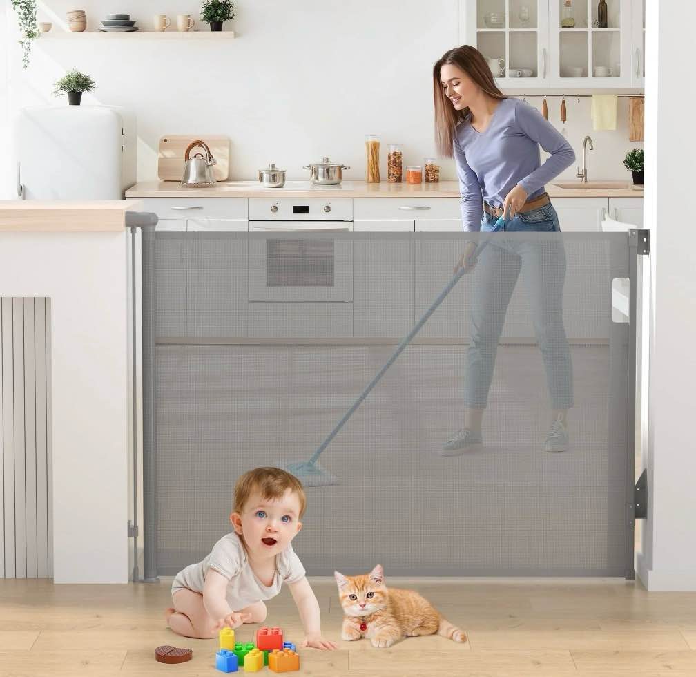 vomeast retractable safety gate,extends up to 55in wide,37.4in tall baby safety gates dog gate for doorways stairs(grey)