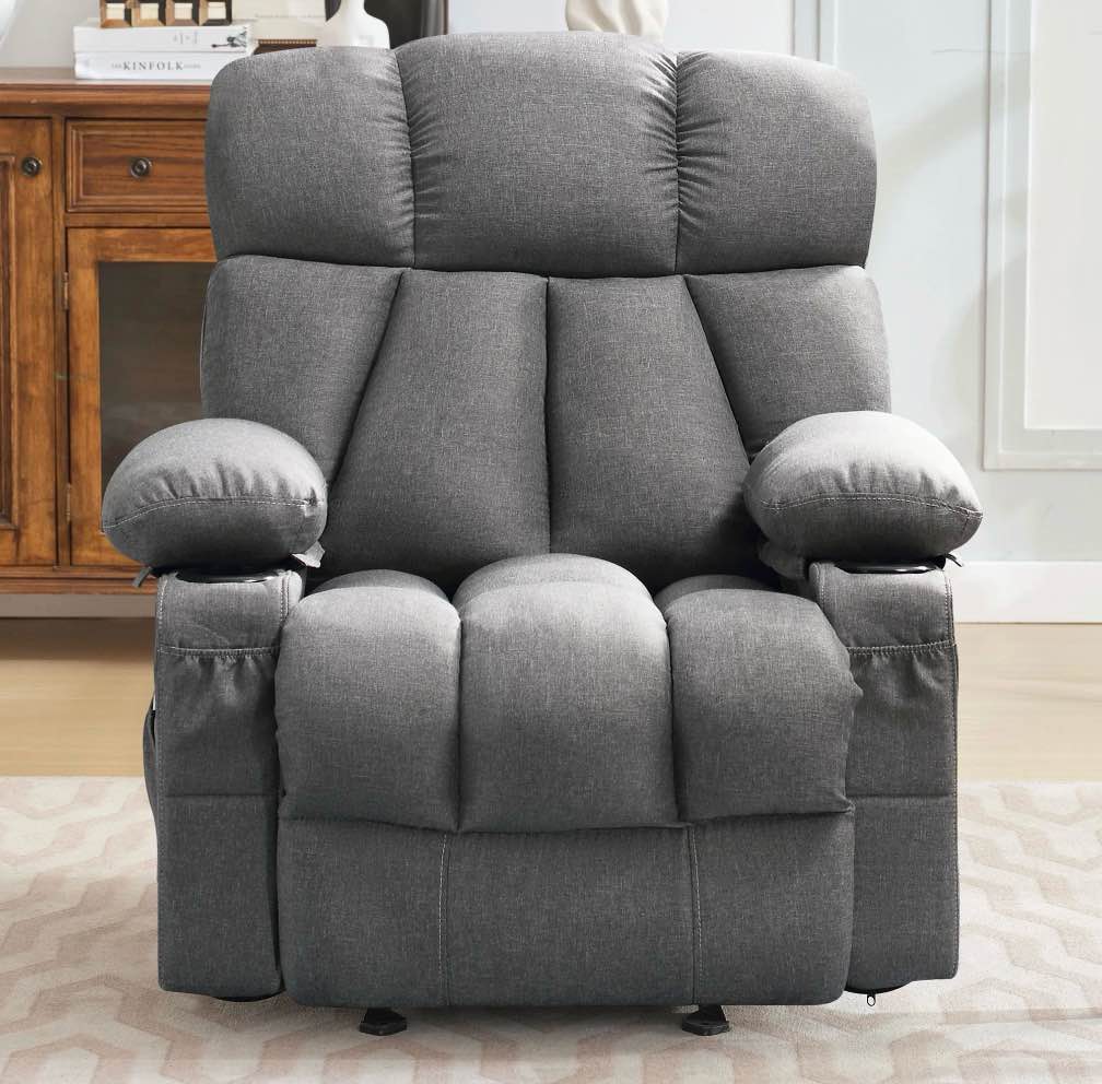 jonpony manual recliner chair with heat therapy and massage function, heavy duty reclining mechanism massage chair, elderly single rocker sofa with cup holders for bedroom home theater,grey