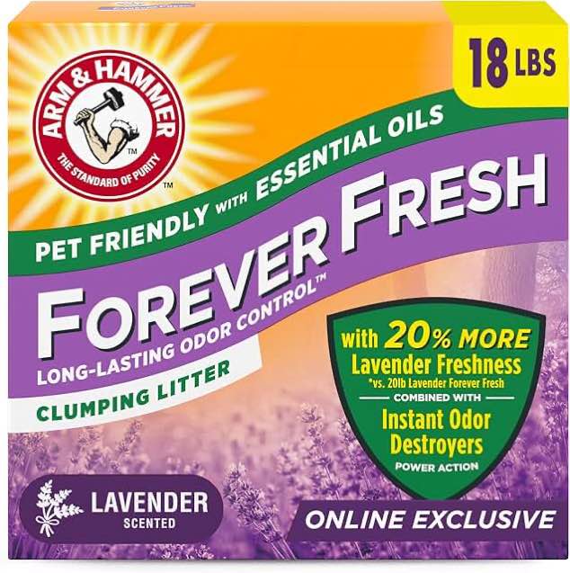 arm & hammer forever fresh clumping cat litter lavender, multicat cat litter odor control 18lb with 20% more lavender freshness, with essential oils
