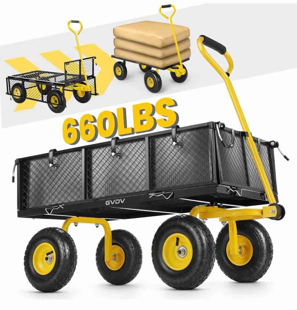 gvdv heavy duty steel garden cart with liner, 660lbs capacity, 3 cu ft, 10" all-terrain wheels, black/yellow – durable utility cart for yard work, hauling, and outdoor use